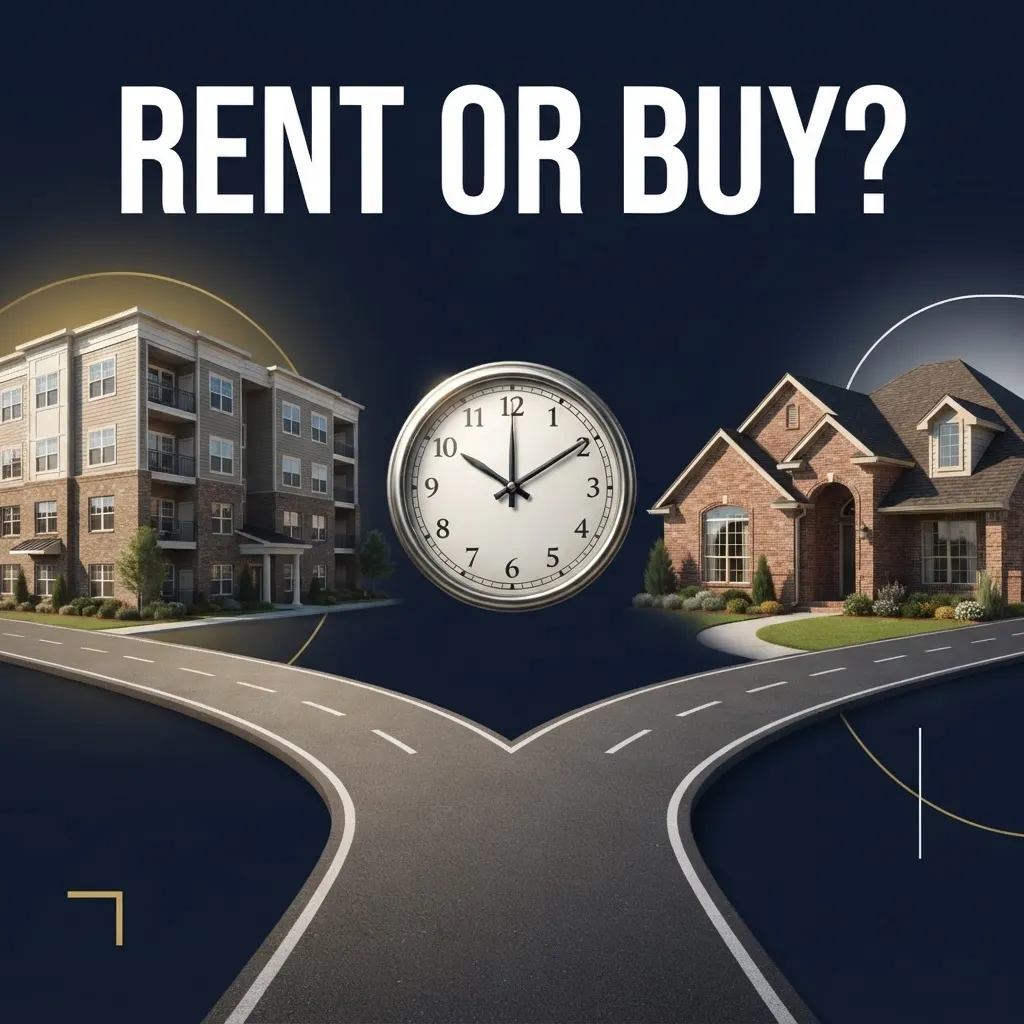 Rent-or-buy illustration with an apartment building, house, clock and branching roads.