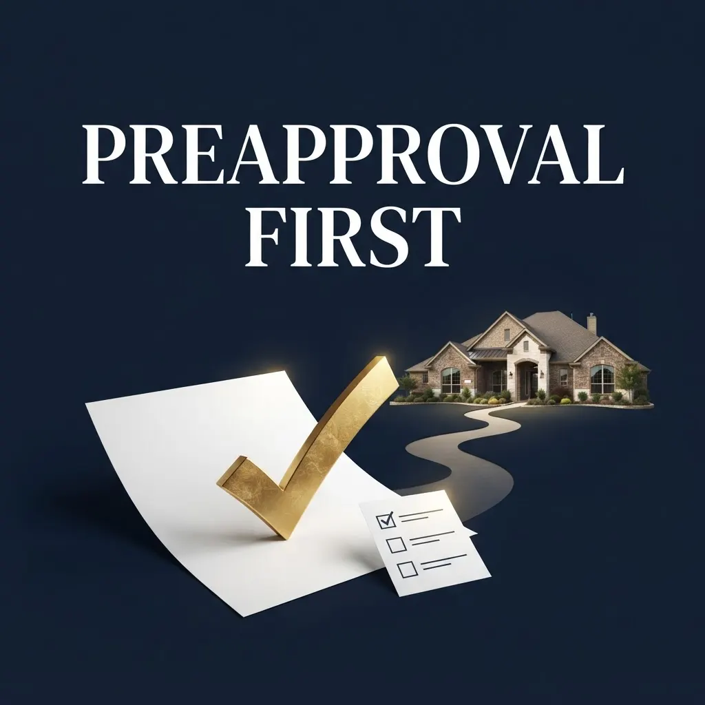 Preapproval document and checkmark before a path leading to a house.