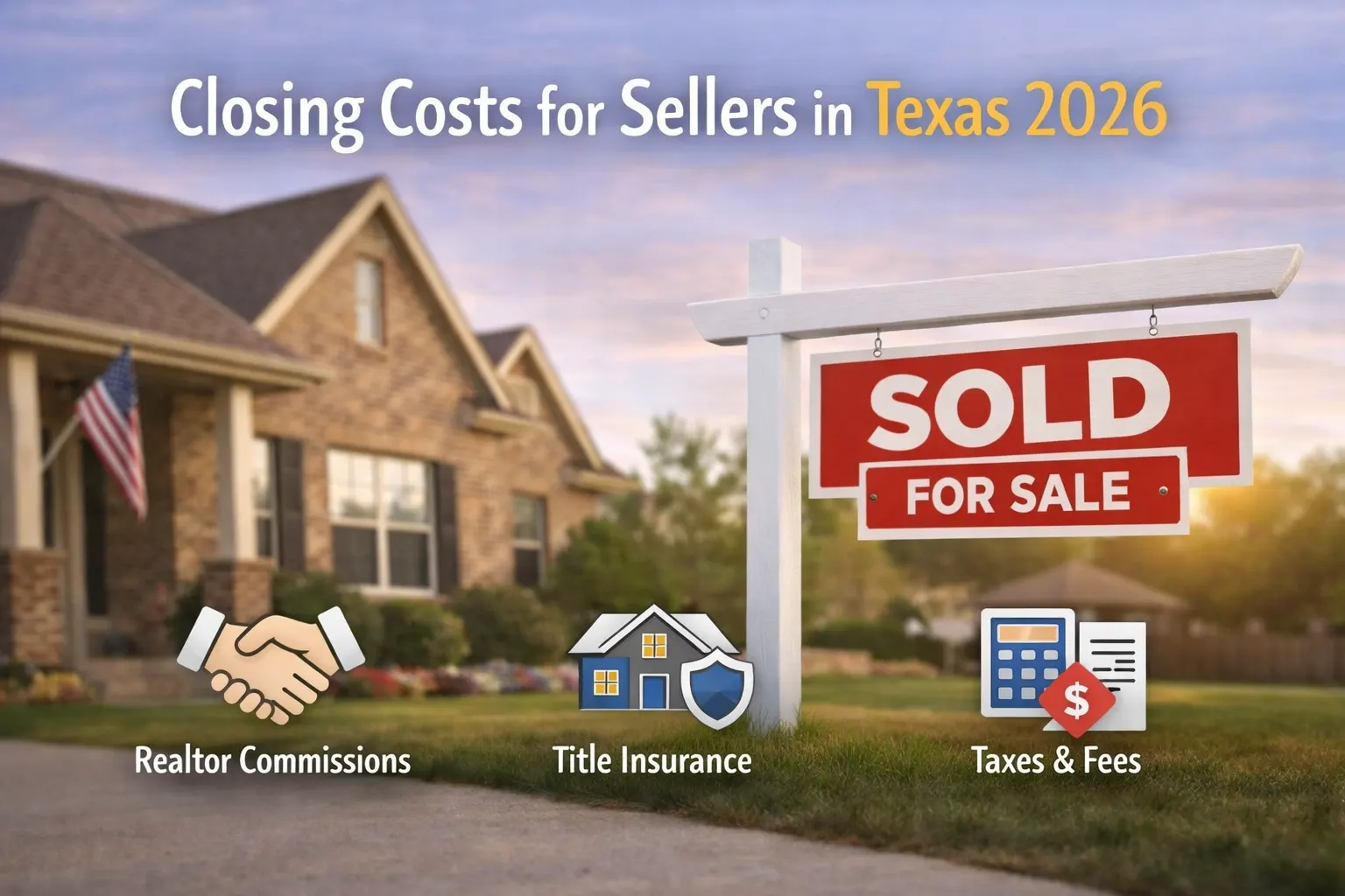 Real estate home with sold sign showing closing costs for sellers in Texas 2026 including agent commission, title insurance, and taxes in a simple visual format