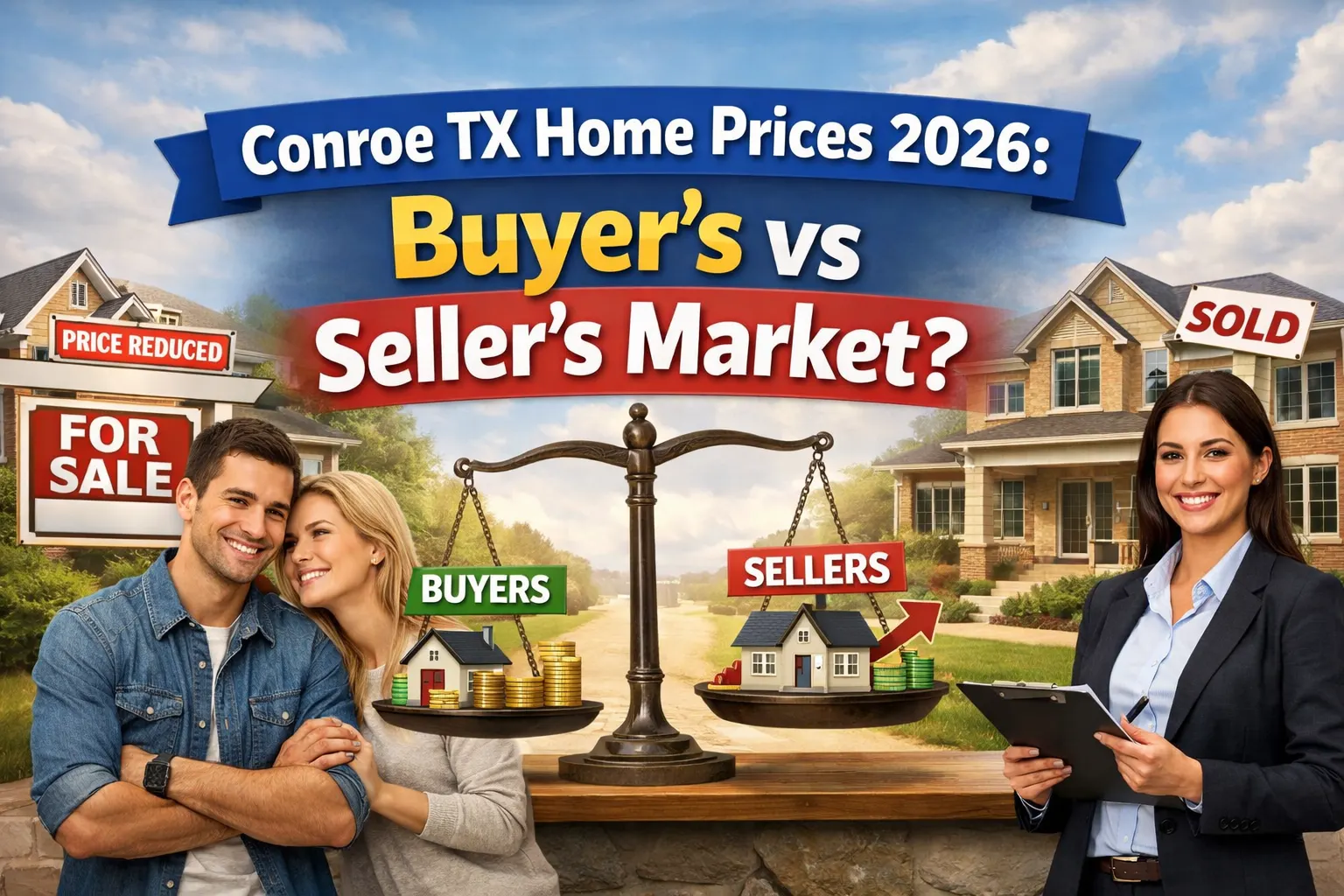 "Conroe TX Home Prices 2026: Buyer’s vs Seller’s Market graphic, featuring a scale balancing 'BUYERS' and 'SELLERS' with icons representing homes, money, and market trends. A smiling couple and real estate agent stand in front of a suburban neighborhood, highlighting the evolving housing market in Conroe. The image includes a 'Price Reduced' and 'Sold' sign, emphasizing the current market dynamics for both buyers and sellers."