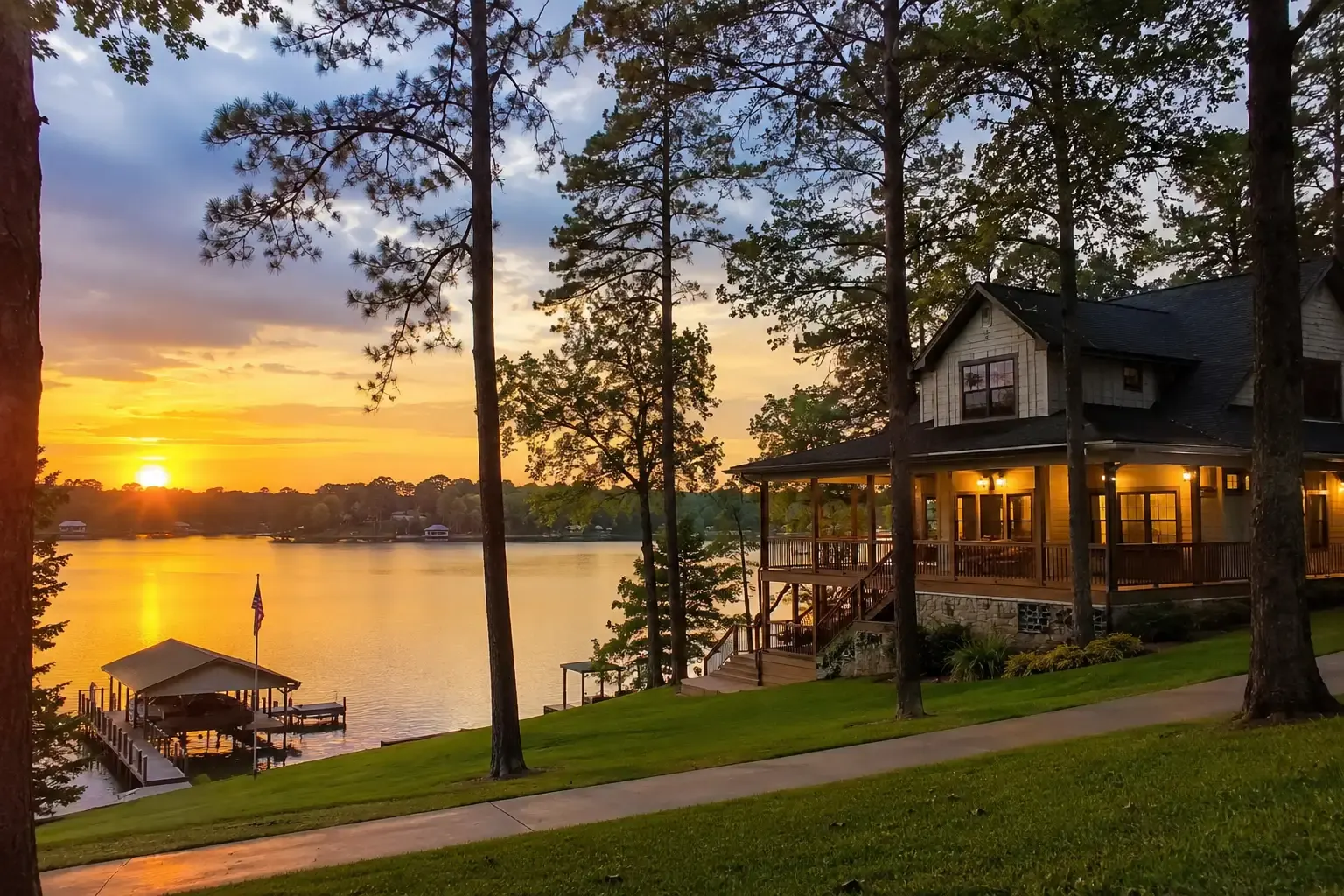 Beautiful lakefront family home in East Texas surrounded by pine trees at sunset, showcasing the peaceful lifestyle attracting homebuyers and families relocating in 2026.