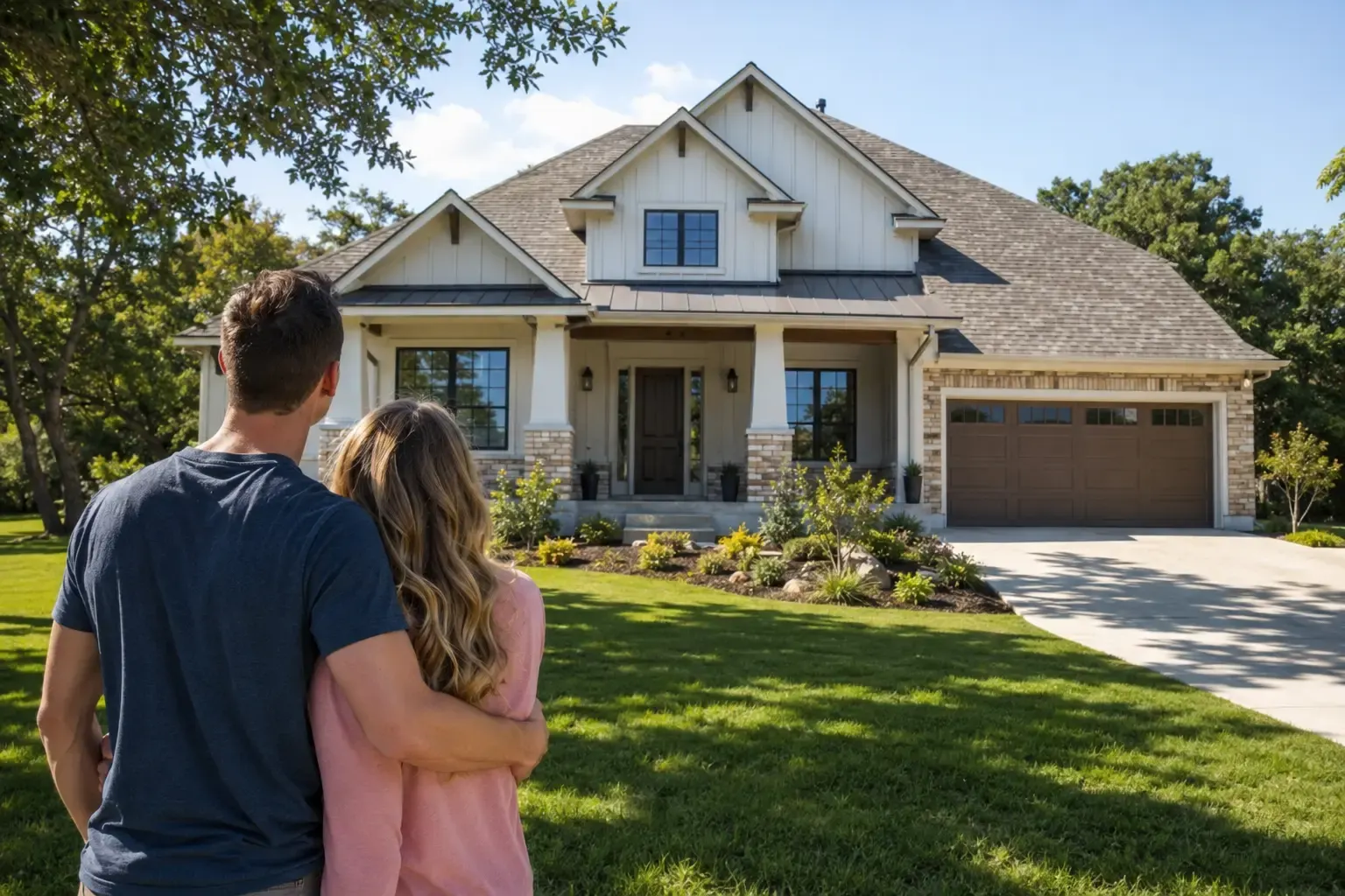 Young couple looking at a modern family home in East Texas, representing first-time homebuyers searching for affordable real estate in 2026.