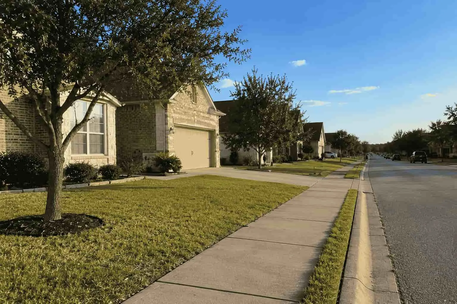 Suburban houses for sale in Texas neighborhood with modern homes and peaceful street view