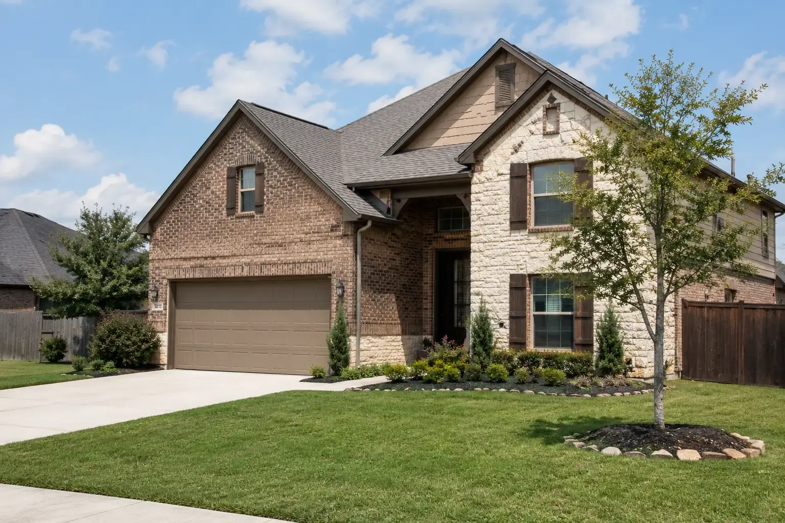 Beautiful modern family home in East Texas with a well-maintained lawn and landscaped front yard, representing a home prepared for a fast real estate sale.
