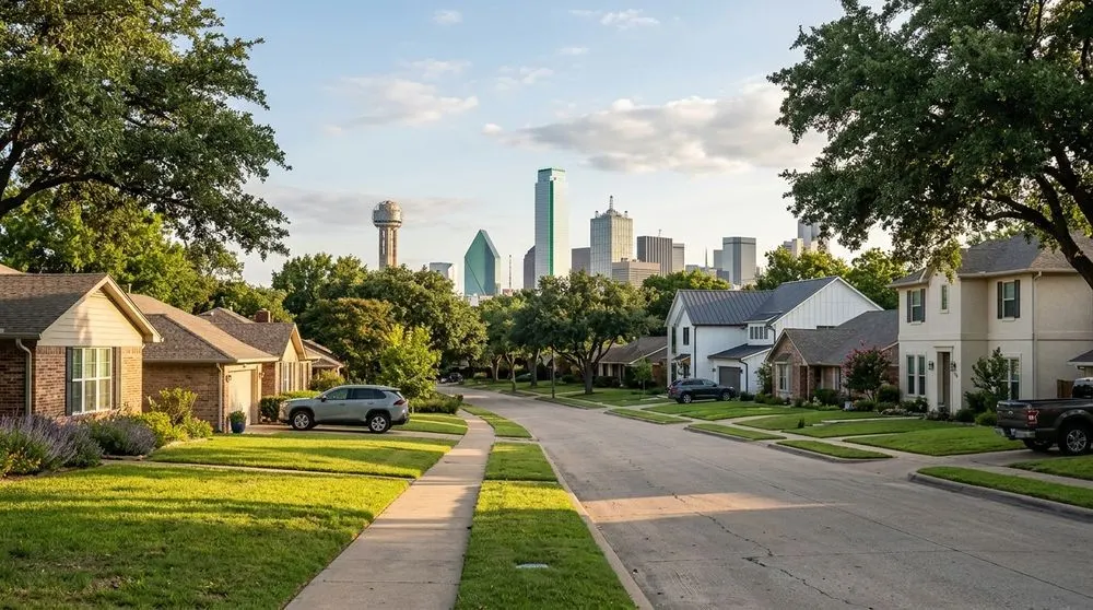"A highly realistic photo of a peaceful Dallas suburban neighborhood featuring modern homes, lush green lawns, and the iconic Dallas city skyline in the background, showing a family walking on the sidewalk."