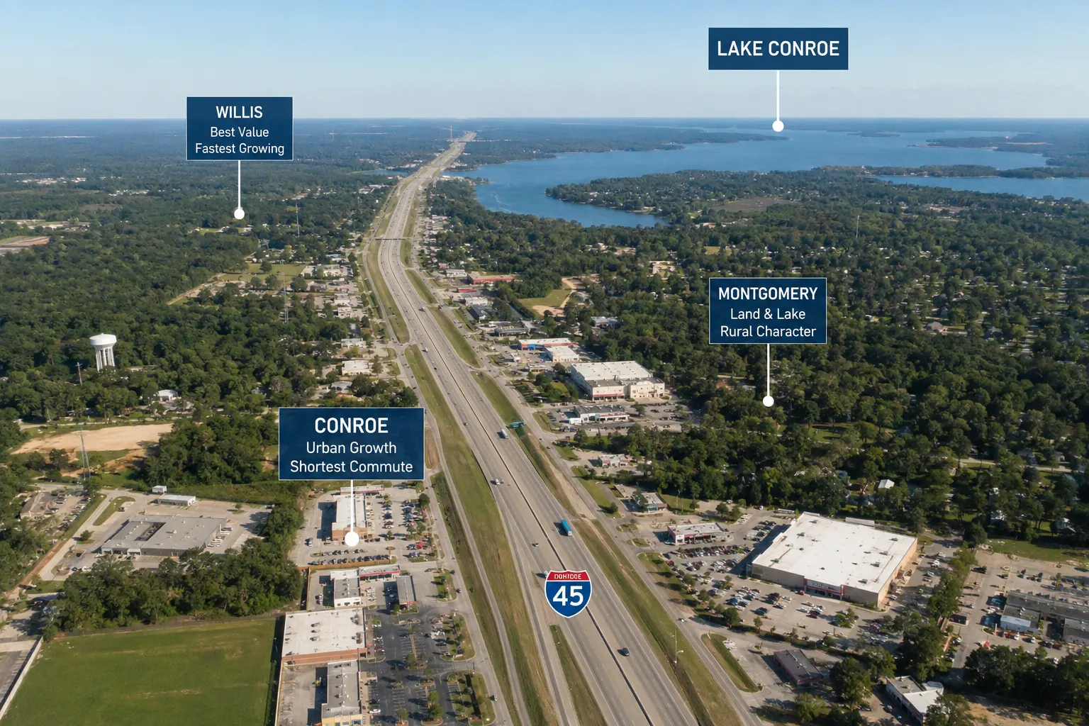 Aerial drone view of the I-45 corridor connecting Conroe, Willis, and Lake Conroe in Montgomery County, Texas.