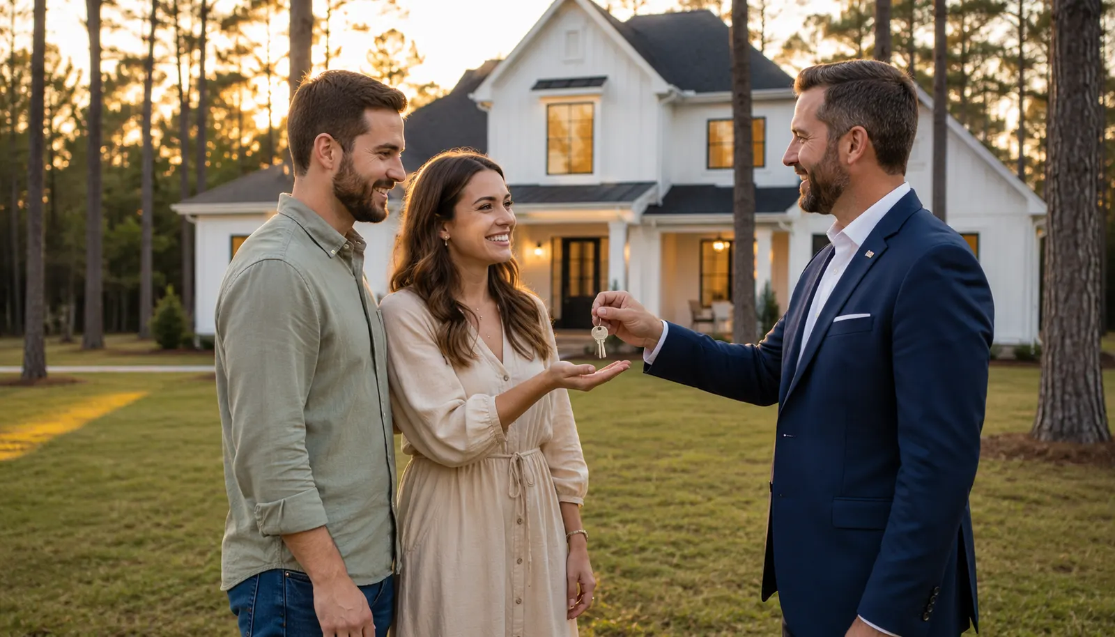 A smiling couple receives shiny gold house keys from a professional real estate agent in a navy blue blazer in front of a white East Texas home surrounded by tall pine trees during golden hour.