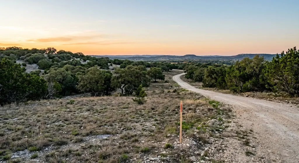 A landscape photograph taken at sunset or sunrise, showing rolling hills covered in native scrub brush and live oaks in the Texas Hill Country. A dirt road curves through the center of the frame, leading into the distance. In the foreground, dry grass and rocky terrain frame a white surveyor's stake. The sky features soft orange and purple hues.