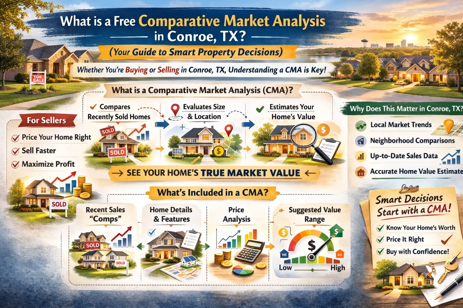 Infographic about Comparative Market Analysis (CMA) in Conroe, TX, showing how it helps buyers and sellers. It explains how CMA compares sold homes, evaluates property features, and estimates home value. The guide includes benefits for sellers, like pricing homes right and selling faster, and helps buyers avoid overpaying by making smart offers. A suggested value range helps make informed real estate decisions.