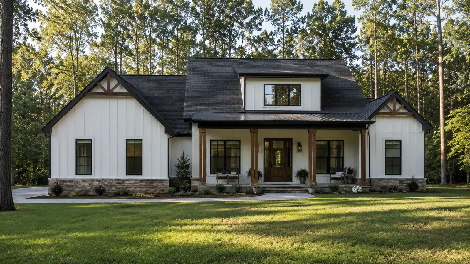 Professional real estate photo of a modern farmhouse-style single-family home in East Texas, featuring a welcoming front porch, lush green lawn, and tall pine trees under warm golden-hour sunlight.