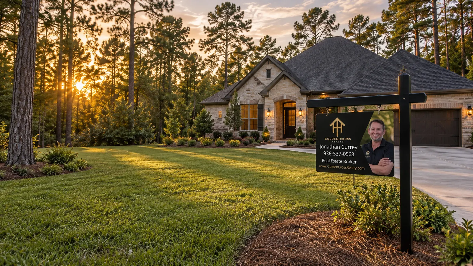 Golden Cross Realty yard sign in front of a Texas home
